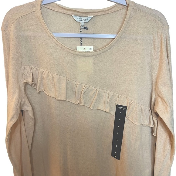 NWT Lucky Brand Sweater Asymmetrical Pink Ruffle Lightweight Size Large - Picture 3 of 6